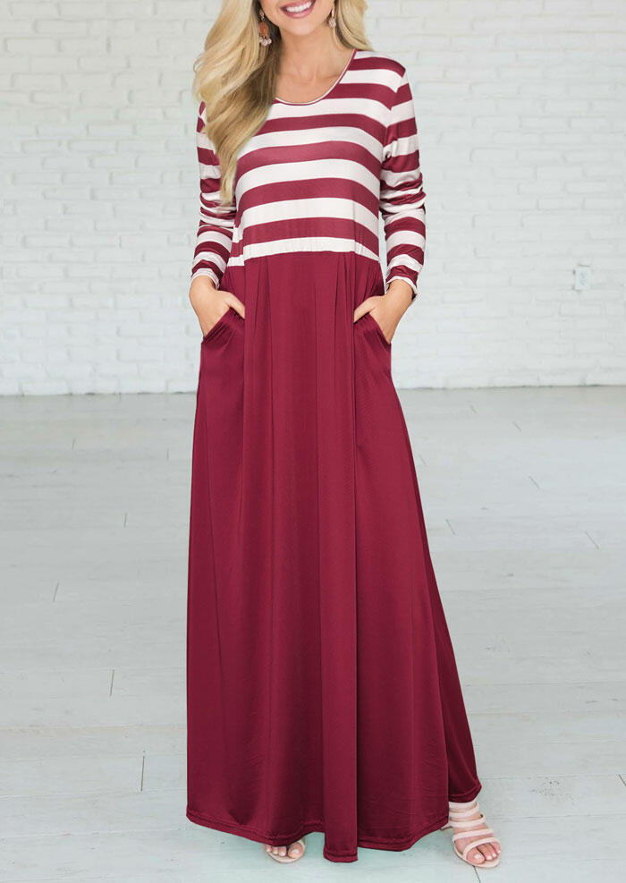 

Maxi Dresses Striped Splicing Pocket Maxi Dress - Plum. Size: ,M,XL