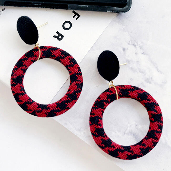 

Earrings Plaid Large Circle Pendant Earrings in Red. Size