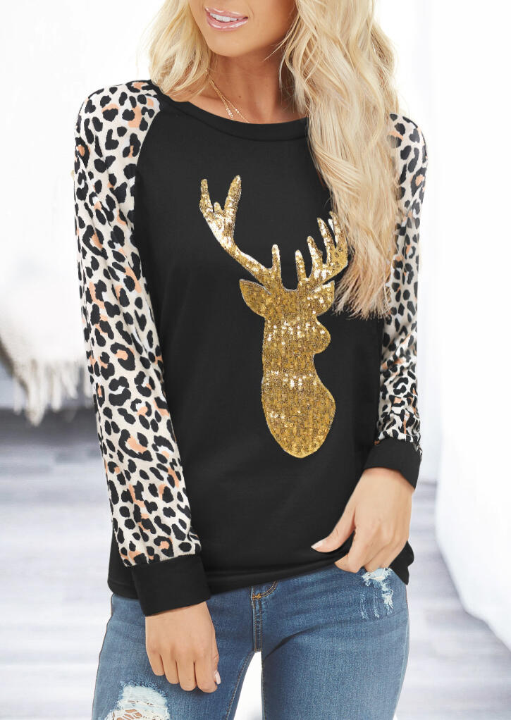 

Tees T-shirts Leopard Printed Reindeer Sequined T-Shirt Tee without Necklace - Black. Size: S,,XL