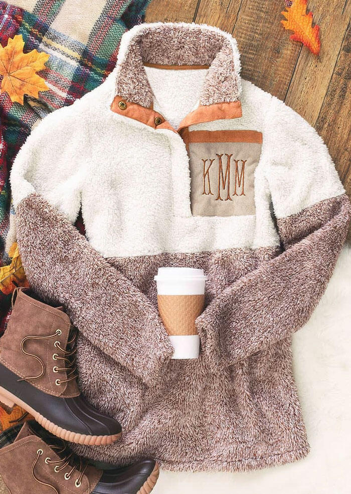 

Monogrammed Color Block Button Plush Sweatshirt - Beige, 460989