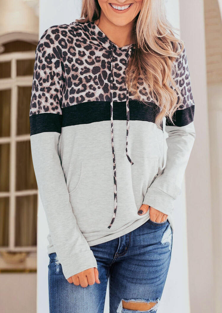 

Leopard Printed Splicing Drawstring Kangaroo Pocket Hoodie, 461042