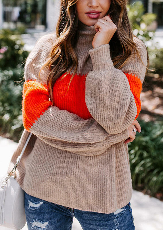 

Color Block Splicing Turtleneck Sweater - Khaki, 460342