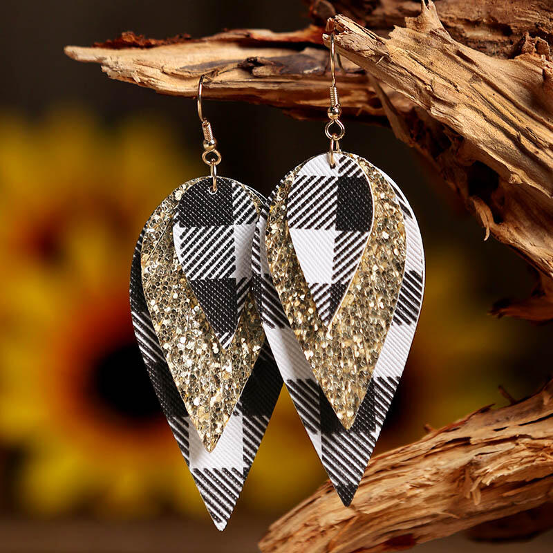 

Plaid Sequined Three-Layered PU Leather Earrings, Black;red, 461097