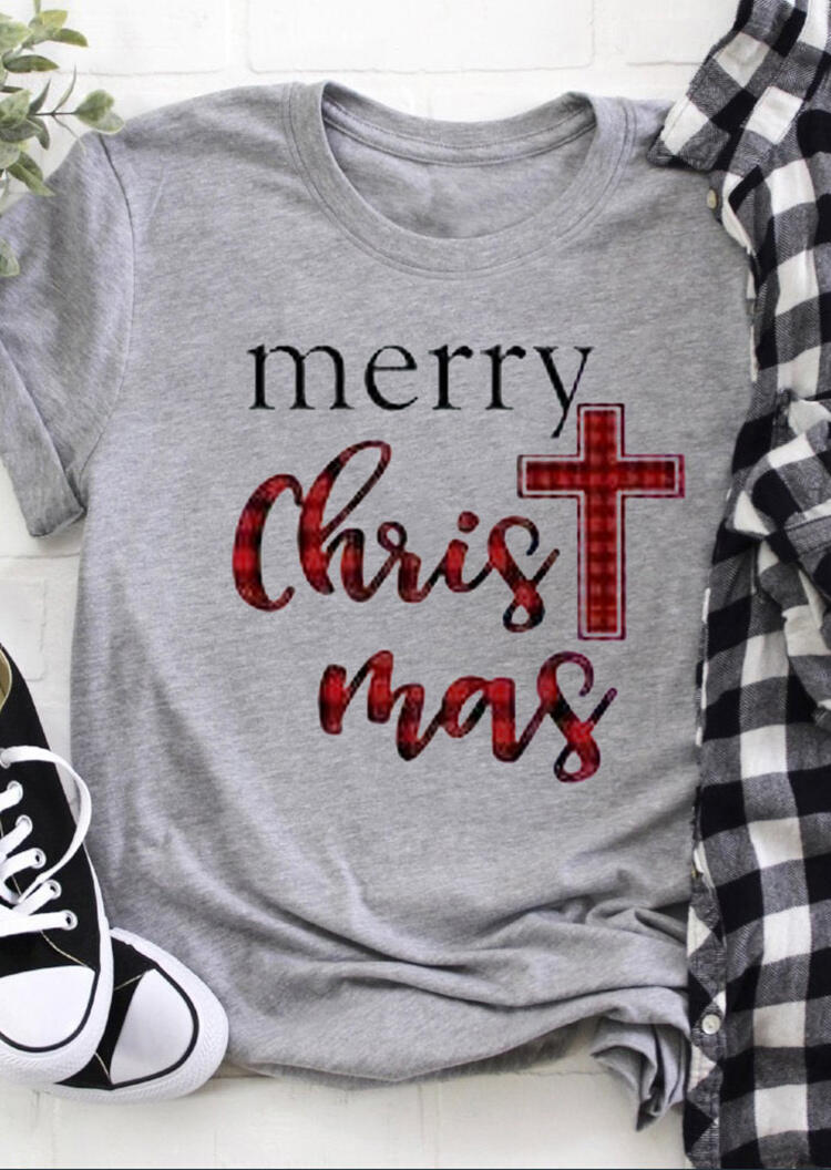 

Plaid Christ Merry Christmas T-Shirt Tee - Gray, 461112