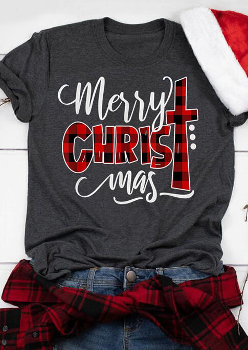 T-shirts Tees Plaid Christ Merry Christmas T-Shirt Tee -  Gray in Gray. Size: 2XL,3XL,L,M,S,XL