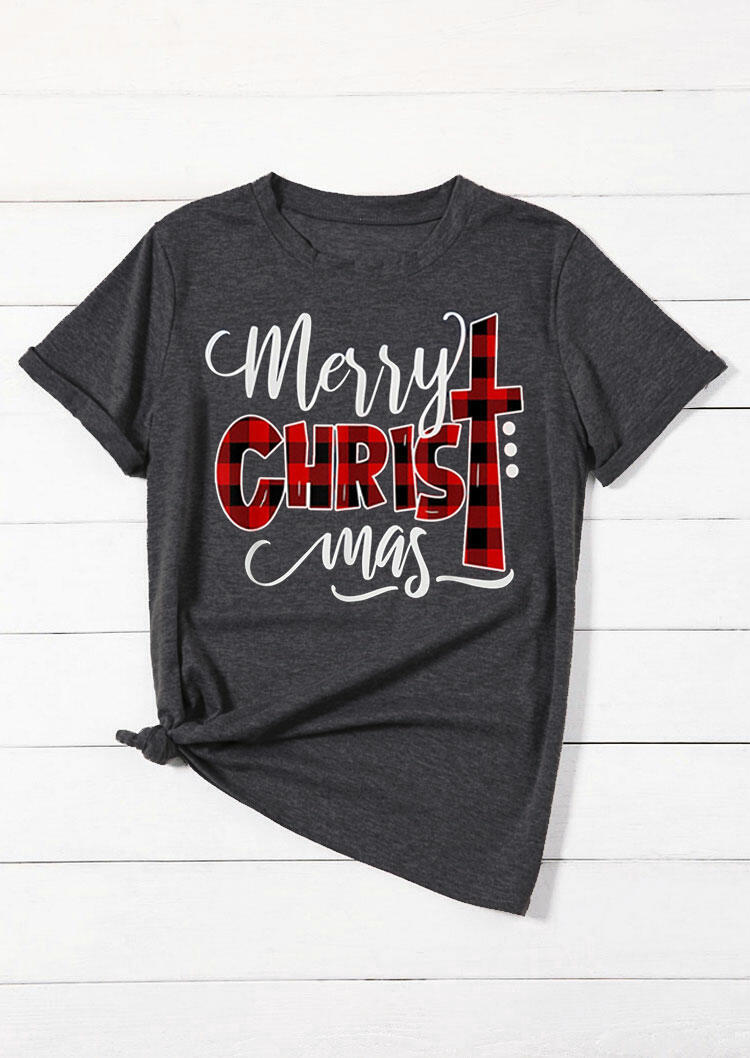 Plaid Christ Merry Christmas T-Shirt Tee -  Gray