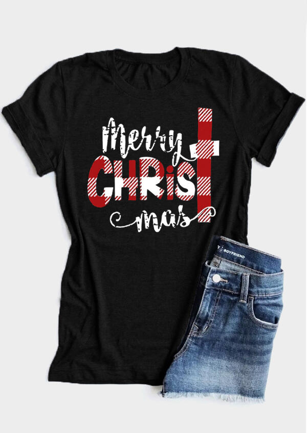 

Cross Plaid Christ Merry Christmas T-Shirt Tee - Black