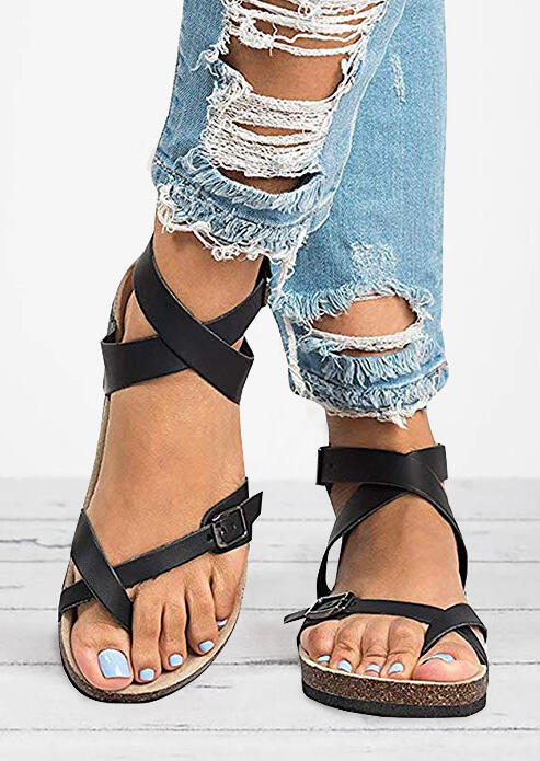 

Solid Buckle Strap Flat Sandals, Black;brown;light khaki, 408769