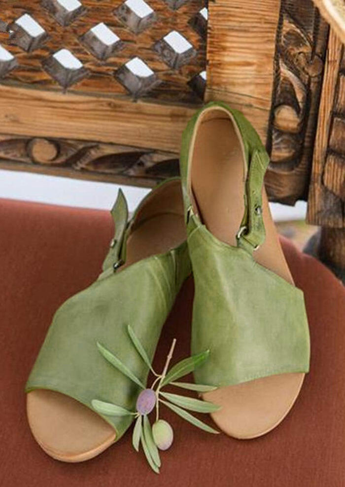 

Solid Buckle Round Toe Flat Sandals - Green, 444466