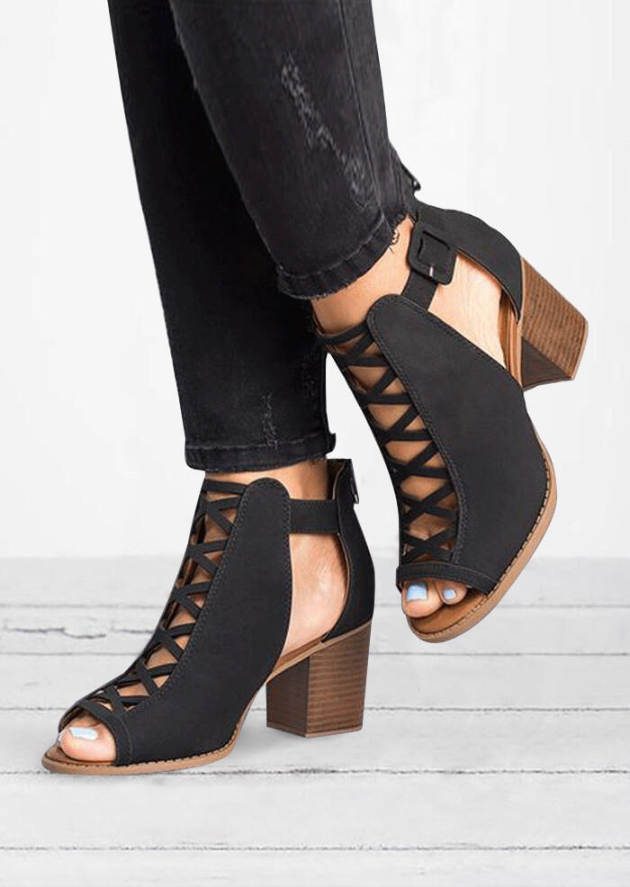 

Solid Hollow Out Peep Toe Sandals - Black, 453021