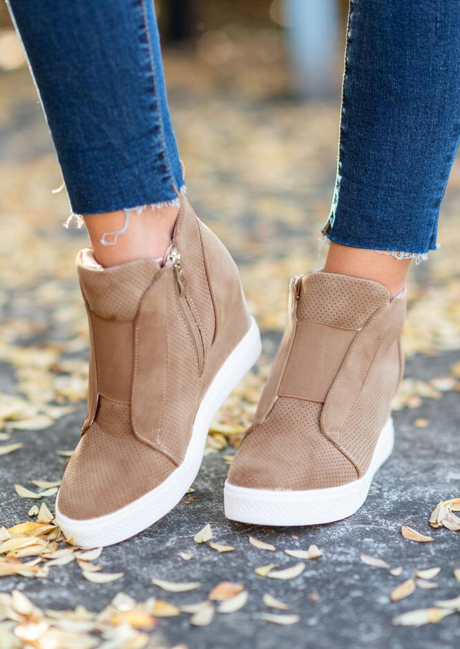 

Brown High Top Mesh Hole Breathable Zipper Wedge Sneakers, Light brown