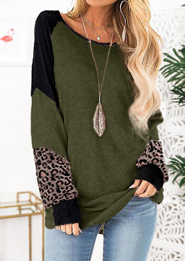 

Blouses Color Block Leopard Printed Splicing Blouse without Necklace - Army Green. Size