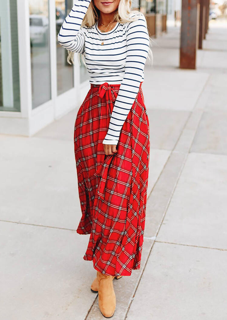 

Maxi Dresses Plaid Striped Printed Splicing Pocket Maxi Dress without Necklace - Red. Size