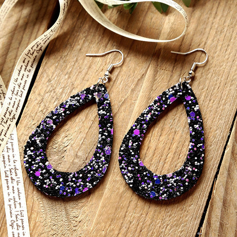 

Hollow Out Dual-Sided Sequined PU Leather Earrings, Purple;red, 461106