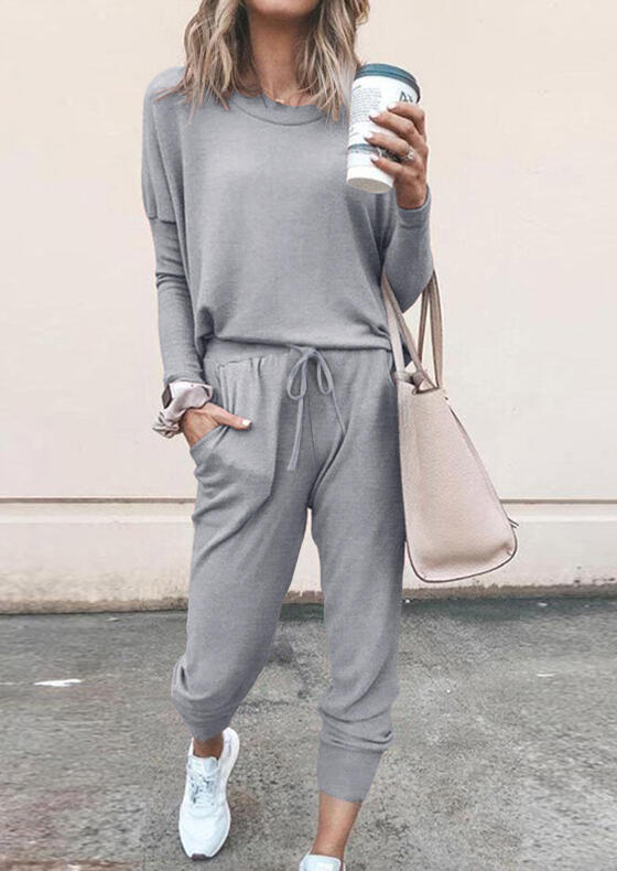 

Solid Pocket Drawstring Activewear Set without Necklace - Gray, 461118