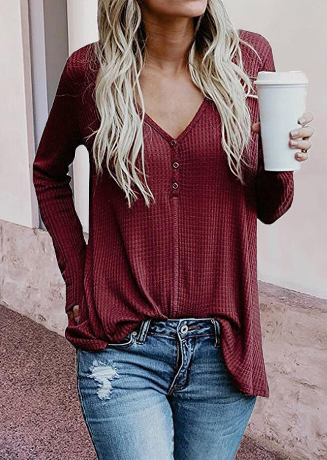 

Blouses Button Long Sleeve V-Neck Blouse - Burgundy. Size: M,,XL