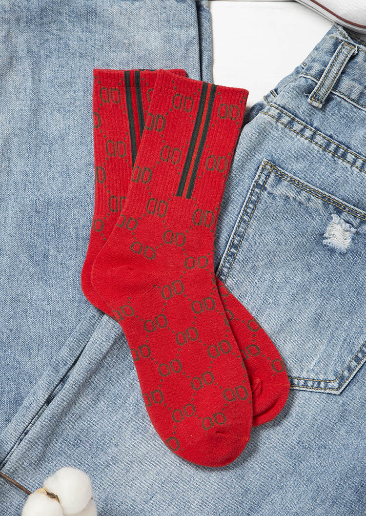 

Double Letter O Printed Warm Socks, Black;red;coffee, 461184