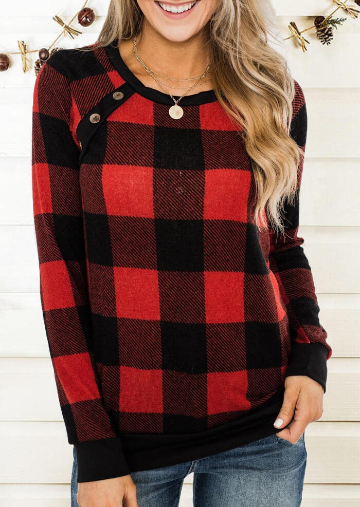 

Plaid Button O-Neck Blouse without Necklace - Red, 461191