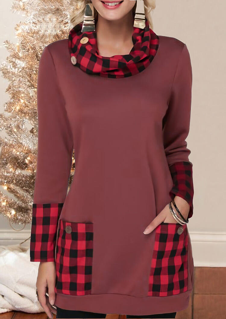 

Plaid Splicing Pocket Sweatshirt, Cameo brown, 437064