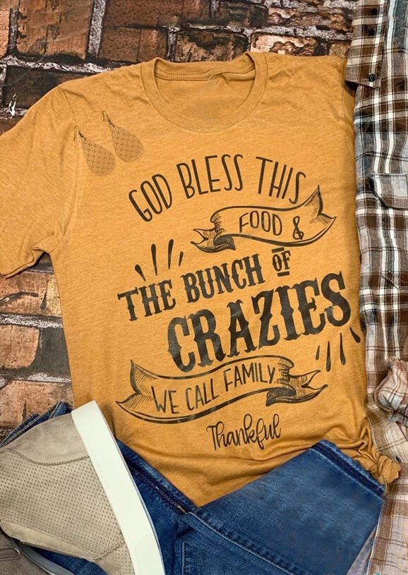 

T-shirts Tees God Bless This Food & The Bunch Of Crazies T-Shirt Tee in Yellow. Size