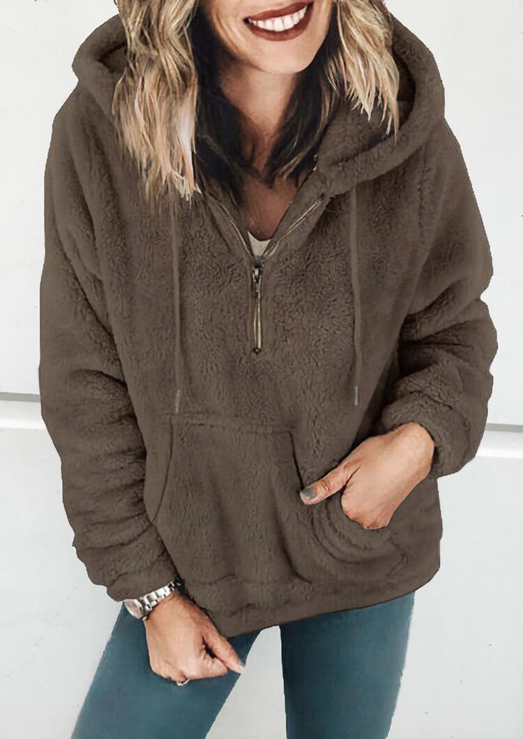 

Solid Drawstring Kangaroo Pocket Zipper Hoodie - Dark Coffee, Darkcoffee, 459635