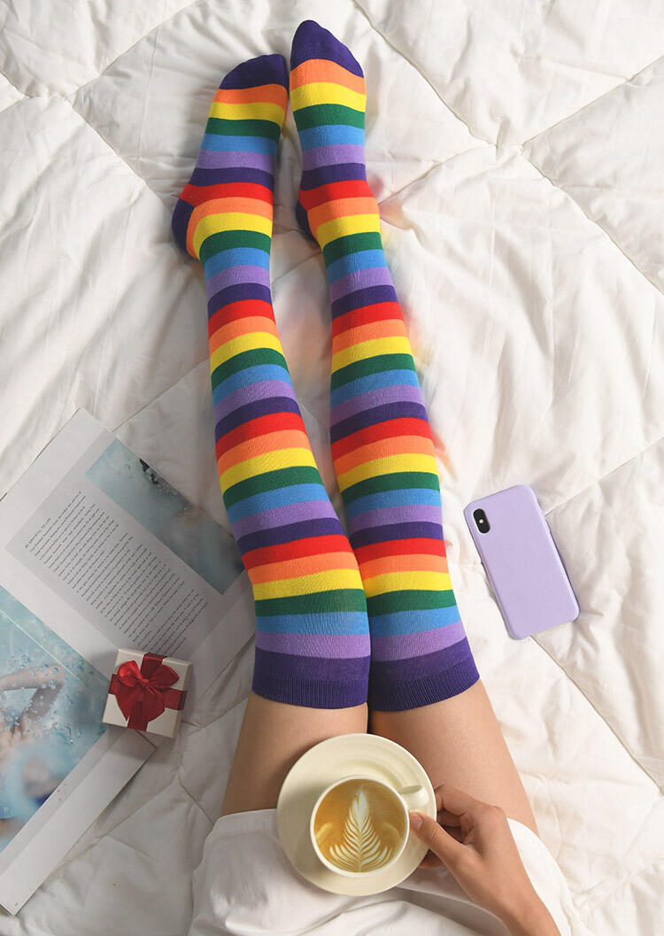 Rainbow Striped Thigh-High Socks