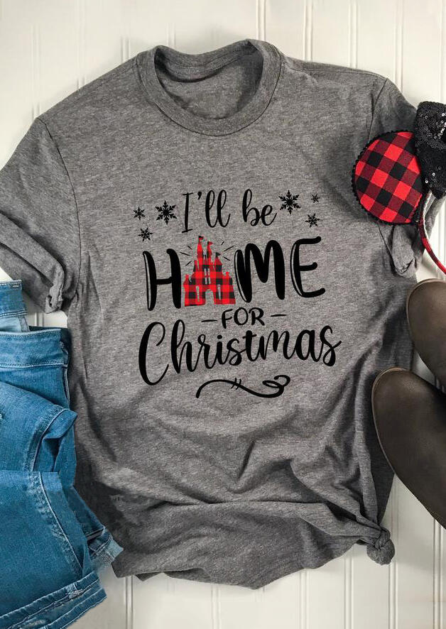 

I'll Be Home For Christmas Plaid Printed Splicing T-Shirt Tee - Gray, 461268