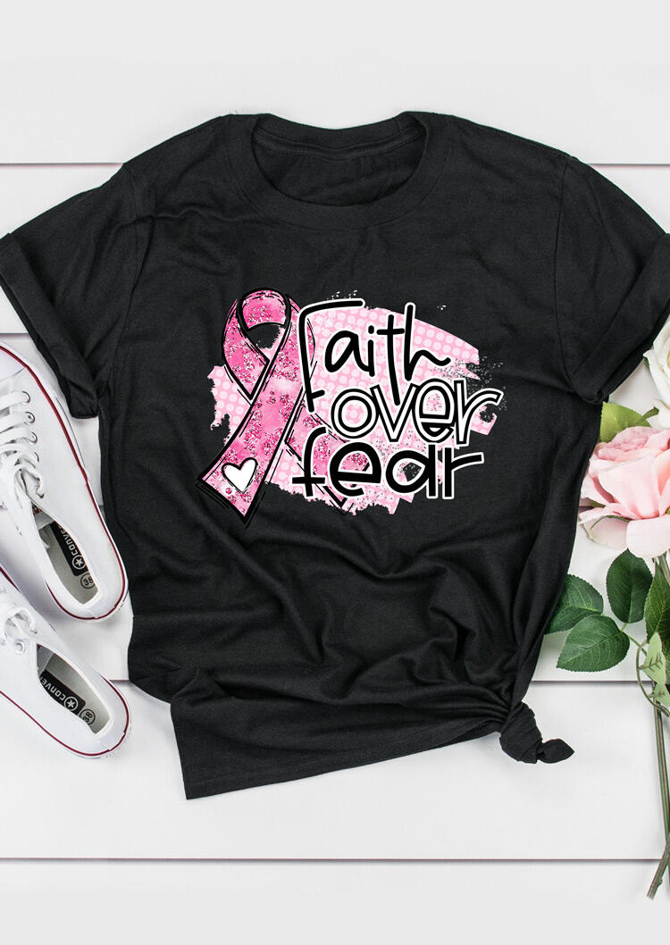 

Faith Over Fear Breast Cancer Pink Ribbon T-Shirt Tee - Black, 461272