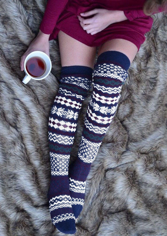

Socks Geometric Printed Thigh-High Thickened Warm Socks. Size, Deep blue