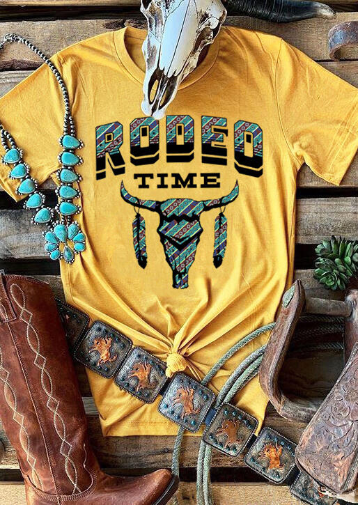 Rodeo Time Steer Skull Feather T-Shirt Tee - Yellow