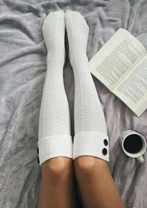 

Solid Button Warm Thigh-High Crimping Socks, White;gray;burgundy, 461313