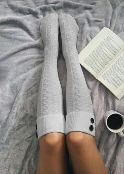 Knee-High Socks  Button Warm Thigh-High Crimping Socks in Gray,White. Size: One Size
