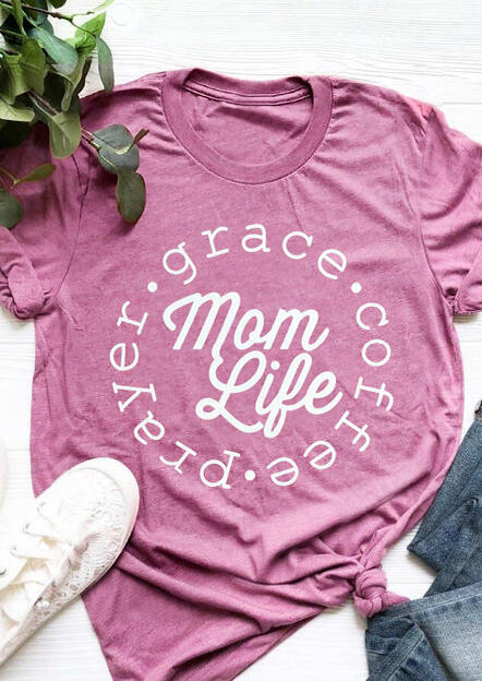 

Prayer Grace Coffee Mom Life T-Shirt Tee, Pink, 438946