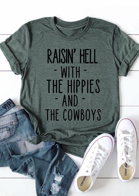 

Raisin' Hell With The Hippies And Cowboys T-Shirt Tee, Dark green, 442370