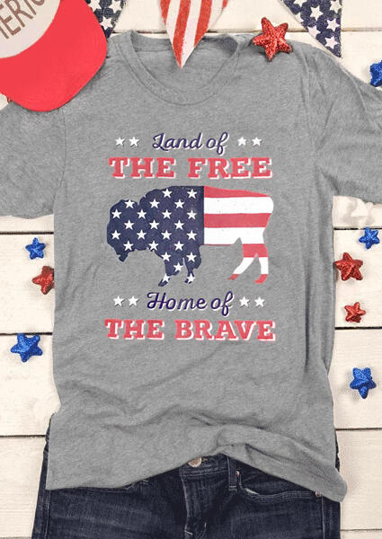 

Land Of The Free American Flag T-Shirt Tee - Gray, 446635