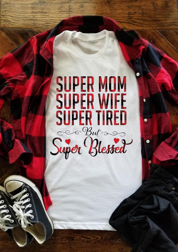 

Plaid Splicing Super Mom Super Wife Super Tired T-Shirt Tee - White, 461318