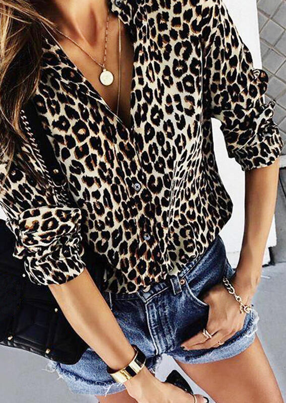 

Shirts Leopard Printed Button Long Sleeve Shirt without Necklace. Size