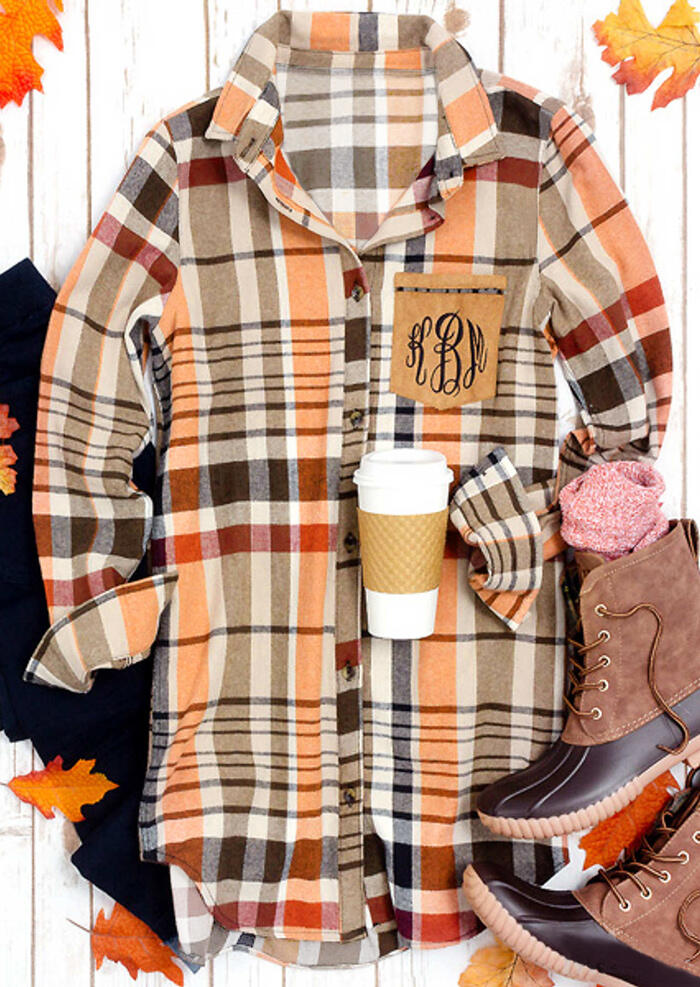 

Monogrammed Plaid Button Pocket Asymmetric Shirt, 461337