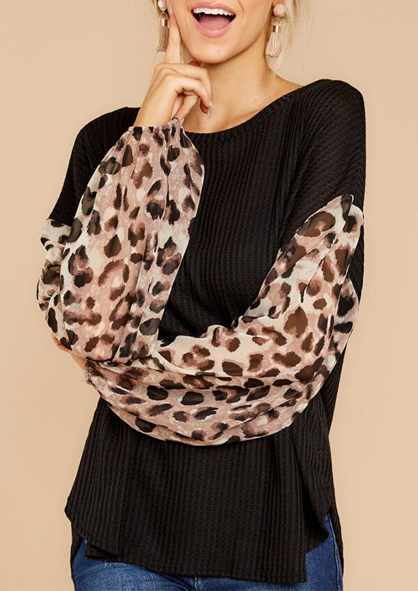 

Leopard Printed Splicing Blouse - Black, 461427
