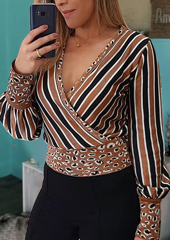 

Leopard Printed Striped Splicing Wrap Blouse without Necklace - Coffee, 461428