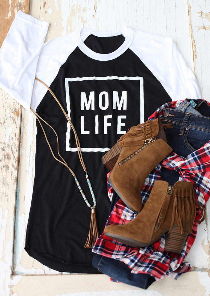 

MOM LIFE Printed Splicing T-Shirt, Black, 95544