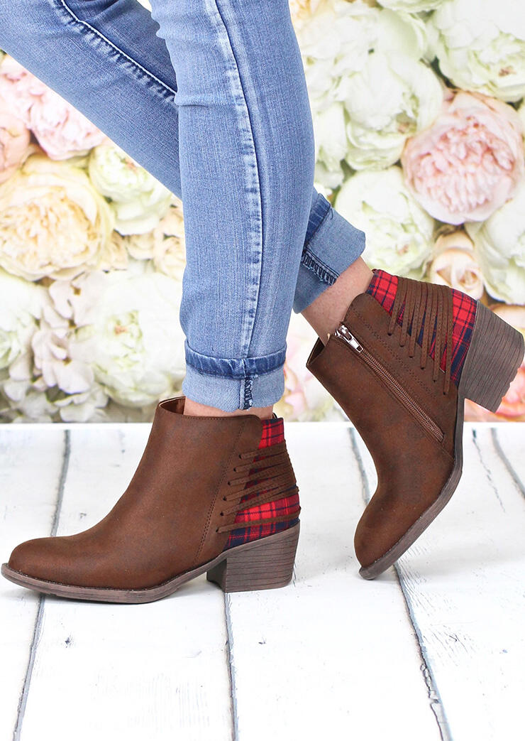 

Plaid Splicing Zipper Round Toe Ankle Boots, Brown, 461435