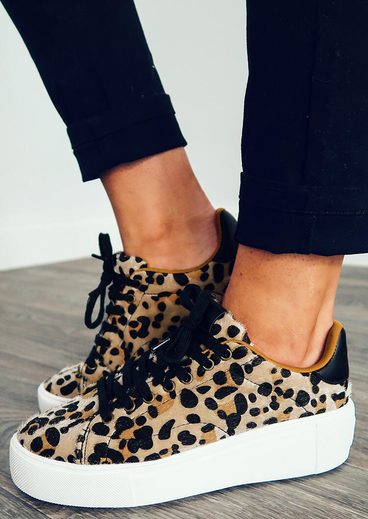 

Leopard Printed Lace Up Round Toe Platform Sneakers, 461452