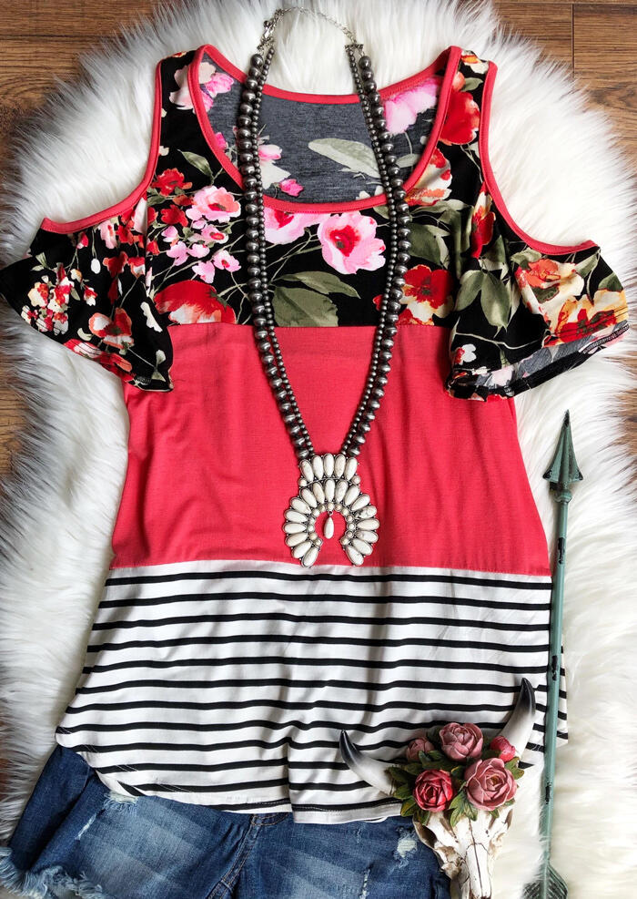 

Floral Striped Splicing Blouse without Necklace - Watermelon Red, 461464
