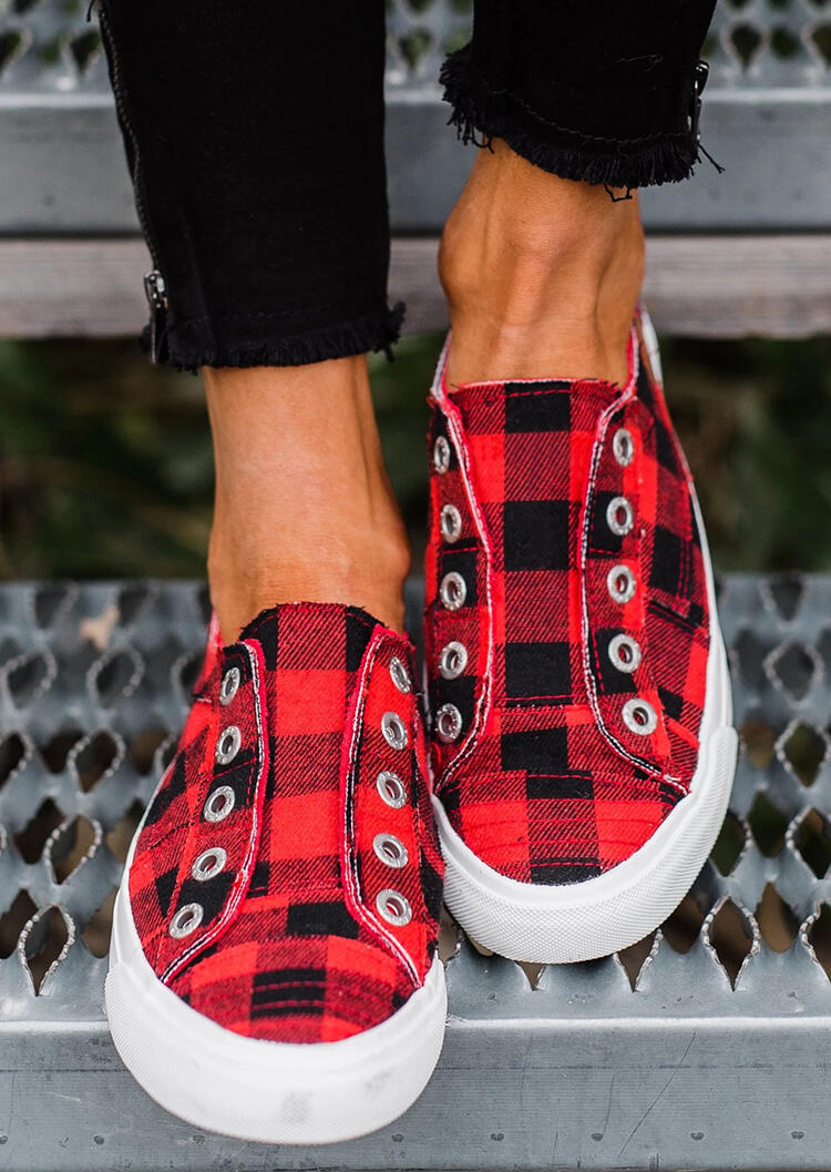 red and black plaid shoes