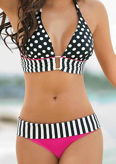 

Polka Dot Patchwork Striped Halter Hollow Out Bikini Set in Rose Red. Size