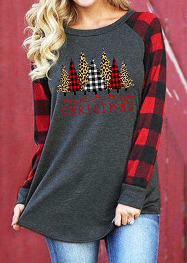 T-shirts Tees Merry Christmas Trees Plaid Leopard Printed T-Shirt Tee in Gray. Size: M,S