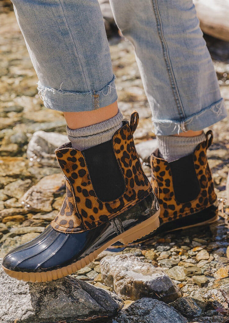 Waterproof Leopard Printed Round Toe Ankle Boots - Fairyseason