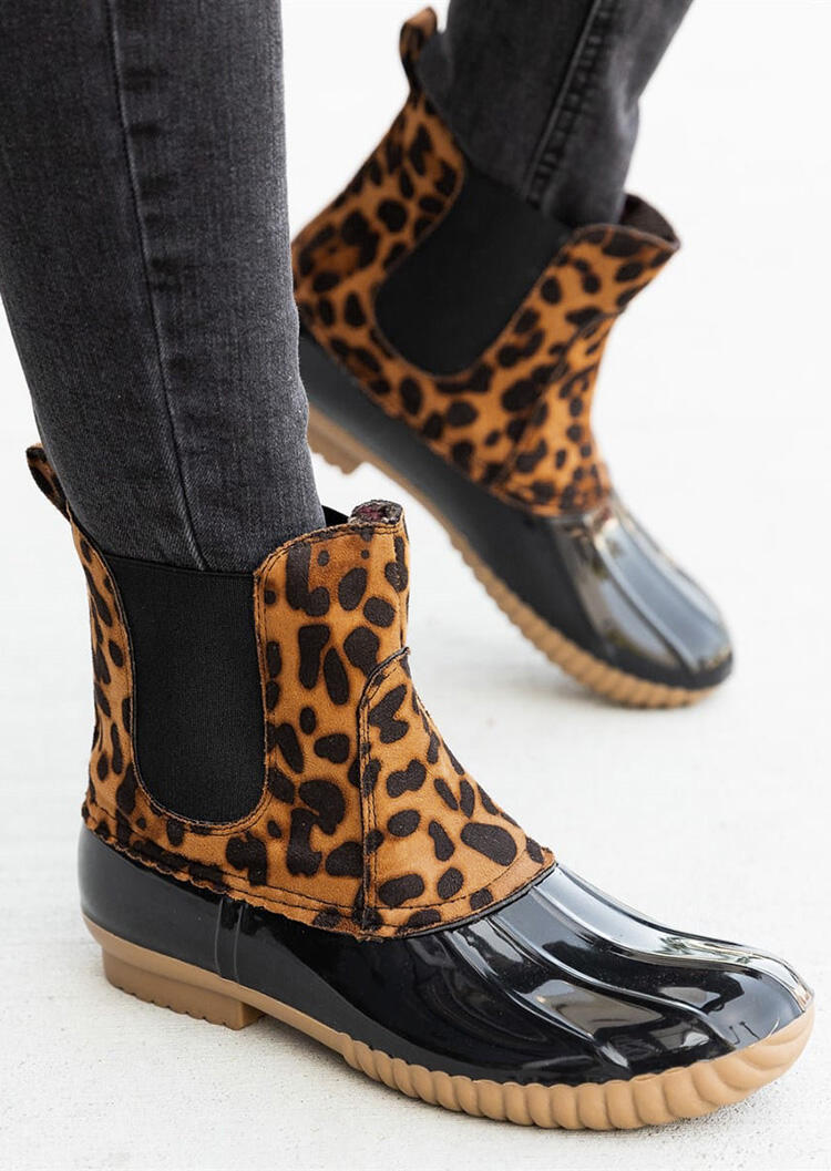 Waterproof Leopard Printed Round Toe Ankle Boots - Fairyseason