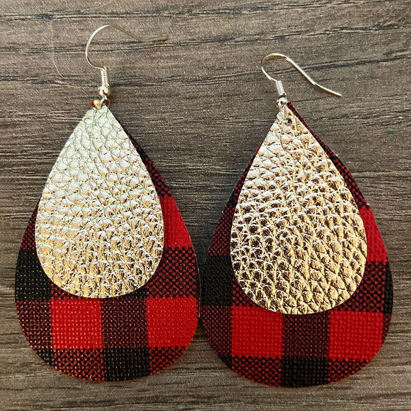 Plaid Sequined Dual-Layered Leather Earrings